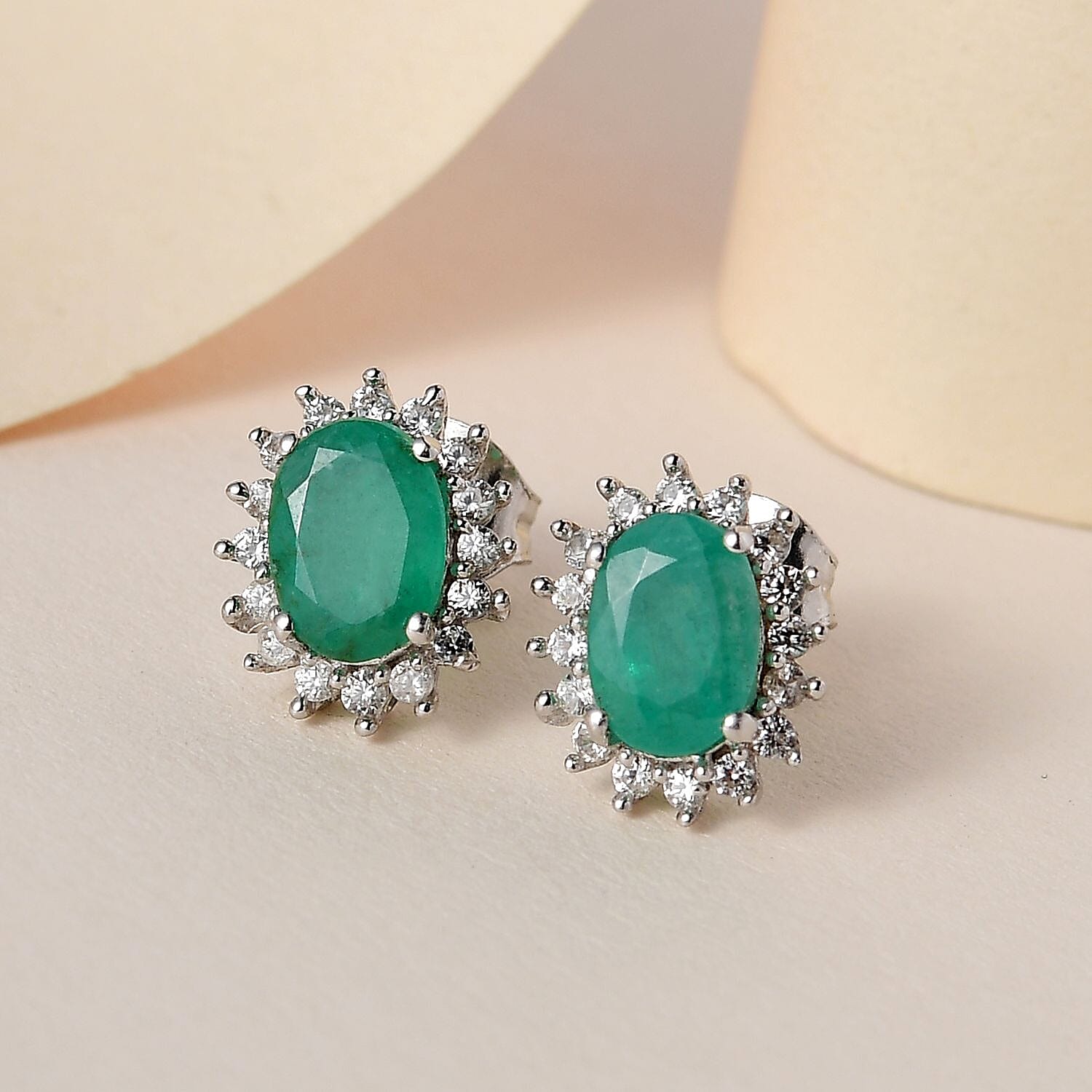 Socoto Emerald & Natural Zircon Halo Stud Push Back Earrings in Platinum Overlay Sterling Silver 2.44 Ct.